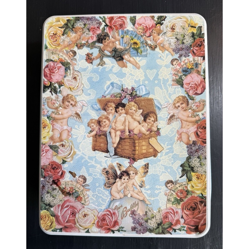 Vtg Box Stationary Company Metal Rectangular Tin Angels Cherubs Floral celestial - Picture 2 of 6
